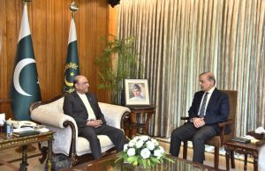 Prime Minister Muhammad Shehbaz Sharif briefs President Asif Ali Zardari on the decision to promote General Syed Asim Munir to the rank of Field Marshal during a high-level meeting at the President House.