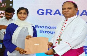 Bishop Samson Shukardin presents certificates to graduates of Cohort One during a ceremony held under the project “Economic Empowerment of Marginalized Communities through Strengthening Technical and Skilled Sector in Punjab and Sindh,” organized by The Hunar Foundation at Ashraf Khatoon Technical Institute.