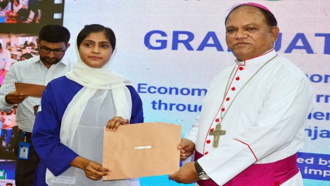 Bishop Samson Shukardin presents certificates to graduates of Cohort One during a ceremony held under the project “Economic Empowerment of Marginalized Communities through Strengthening Technical and Skilled Sector in Punjab and Sindh,” organized by The Hunar Foundation at Ashraf Khatoon Technical Institute.