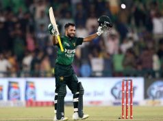 Pakistan’s batter Mohammad Haris celebrates after scoring a century during the third T20 International match of the three-game series against Bangladesh at Gaddafi Stadium in Lahore on Sunday, June 1, 2025.