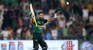 Pakistan’s batter Mohammad Haris celebrates after scoring a century during the third T20 International match of the three-game series against Bangladesh at Gaddafi Stadium in Lahore on Sunday, June 1, 2025.
