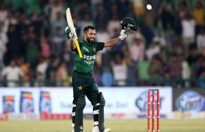 Pakistan’s batter Mohammad Haris celebrates after scoring a century during the third T20 International match of the three-game series against Bangladesh at Gaddafi Stadium in Lahore on Sunday, June 1, 2025.