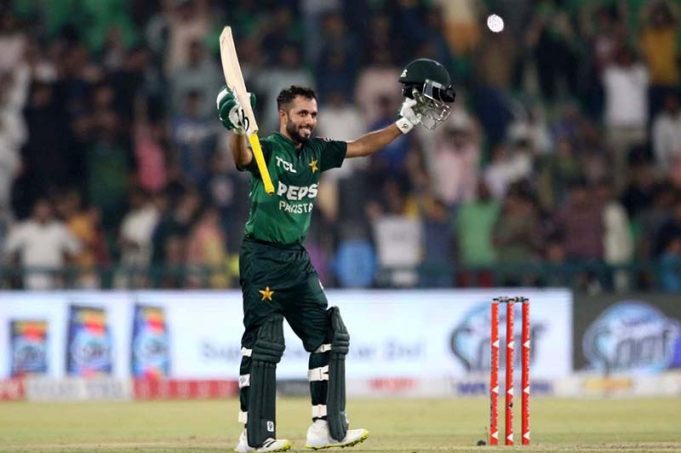 Pakistan’s batter Mohammad Haris celebrates after scoring a century during the third T20 International match of the three-game series against Bangladesh at Gaddafi Stadium in Lahore on Sunday, June 1, 2025.