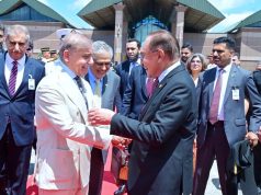 Malaysian Prime Minister Anwar Ibrahim bids farewell to Prime Minister Shehbaz Sharif at Bunga Raya International Airport