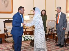 First Lady Bibi Aseefa Bhutto Zardari meets Ethiopian Ambassador Dr. Jemal Beker Abdula at Aiwan-e-Sadr during his farewell call in Islamabad