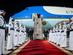 President Donald J. Trump meets Qatar’s Emir & Prime Minister aboard Air Force One during refueling stop at Al Udeid Air Base en route to Asia 🇺🇸🇶🇦