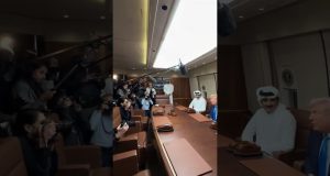Donald Trump meets Emir of Qatar aboard Air Force One: “It’s such an honor to have you on the plane”