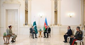 Baku: Prime Minister Muhammad Shehbaz Sharif meets President of Azerbaijan Ilham Aliyev; Chief of the Army Staff Field Marshal Syed Asim Munir also in attendance.