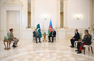 Baku: Prime Minister Muhammad Shehbaz Sharif meets President of Azerbaijan Ilham Aliyev; Chief of the Army Staff Field Marshal Syed Asim Munir also in attendance.