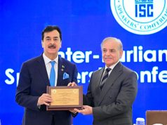 Chairman Senate Syed Yusuf Raza Gilani, Founding Chairman of the Inter-Parliamentary Speakers’ Conference, presents a commemorative shield to Prime Minister Muhammad Shehbaz Sharif.