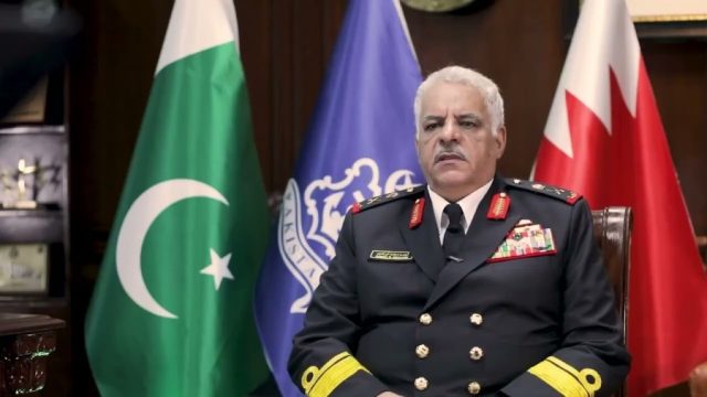 Rear Admiral Ahmed Mohamed Ebrahim Al Bin Ali, Commander of the Royal Bahrain Naval Force, delivers a special message as Chief Guest at the Commissioning Parade of the Pakistan Naval Academy on December 27, 2025.