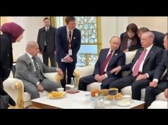 Prime Minister Shehbaz Sharif, President Recep Tayyip Erdoğan, and President Vladimir Putin engage in informal discussions on the sidelines of a multilateral summit in Turkmenistan.