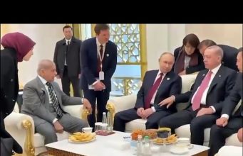 Prime Minister Shehbaz Sharif, President Recep Tayyip Erdoğan, and President Vladimir Putin engage in informal discussions on the sidelines of a multilateral summit in Turkmenistan.