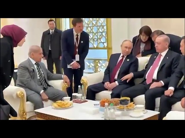 Prime Minister Shehbaz Sharif, President Recep Tayyip Erdoğan, and President Vladimir Putin engage in informal discussions on the sidelines of a multilateral summit in Turkmenistan.