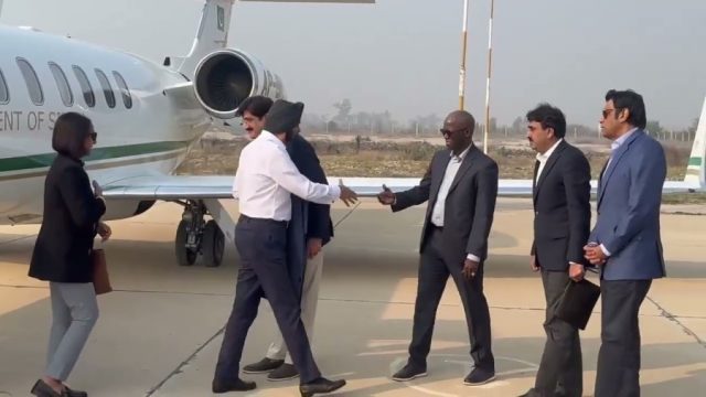 World Bank Group President Ajay Banga arrives in Larkana with a 10-member high-level delegation, where Sindh Chief Minister Syed Murad Ali Shah receives him at Mohenjo Daro Airport.