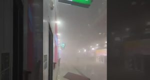 Damage is seen at Dubai International Airport after it was struck by an Iranian missile attack, prompting flight suspensions and emergency response measures.