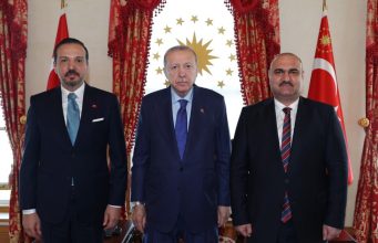 Turkish President Recep Tayyip Erdoğan receives Kirkuk Governor Mehmet Seman Ağa during a meeting at the Presidential Dolmabahçe Working Office in Istanbul, where the two sides discussed matters of mutual interest and regional significance.