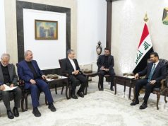 Iranian Foreign Minister Seyyed Abbas Araghchi meets Iraqi Prime Minister Ali Faleh al-Zaidi during his official visit to Baghdad