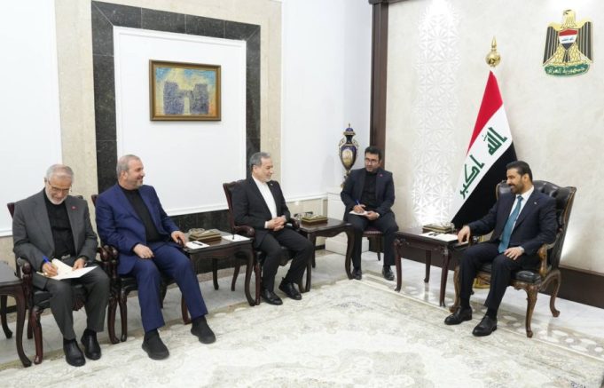 Iranian Foreign Minister Seyyed Abbas Araghchi meets Iraqi Prime Minister Ali Faleh al-Zaidi during his official visit to Baghdad